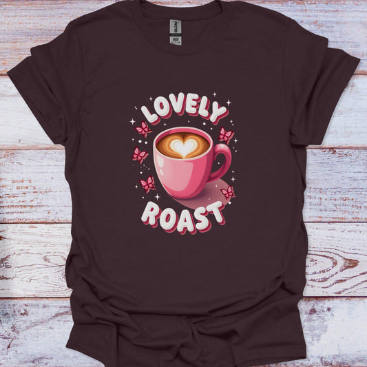 Brown t-shirt with a pink coffee cup graphic and 'Lovely Roast' text on a wooden surface