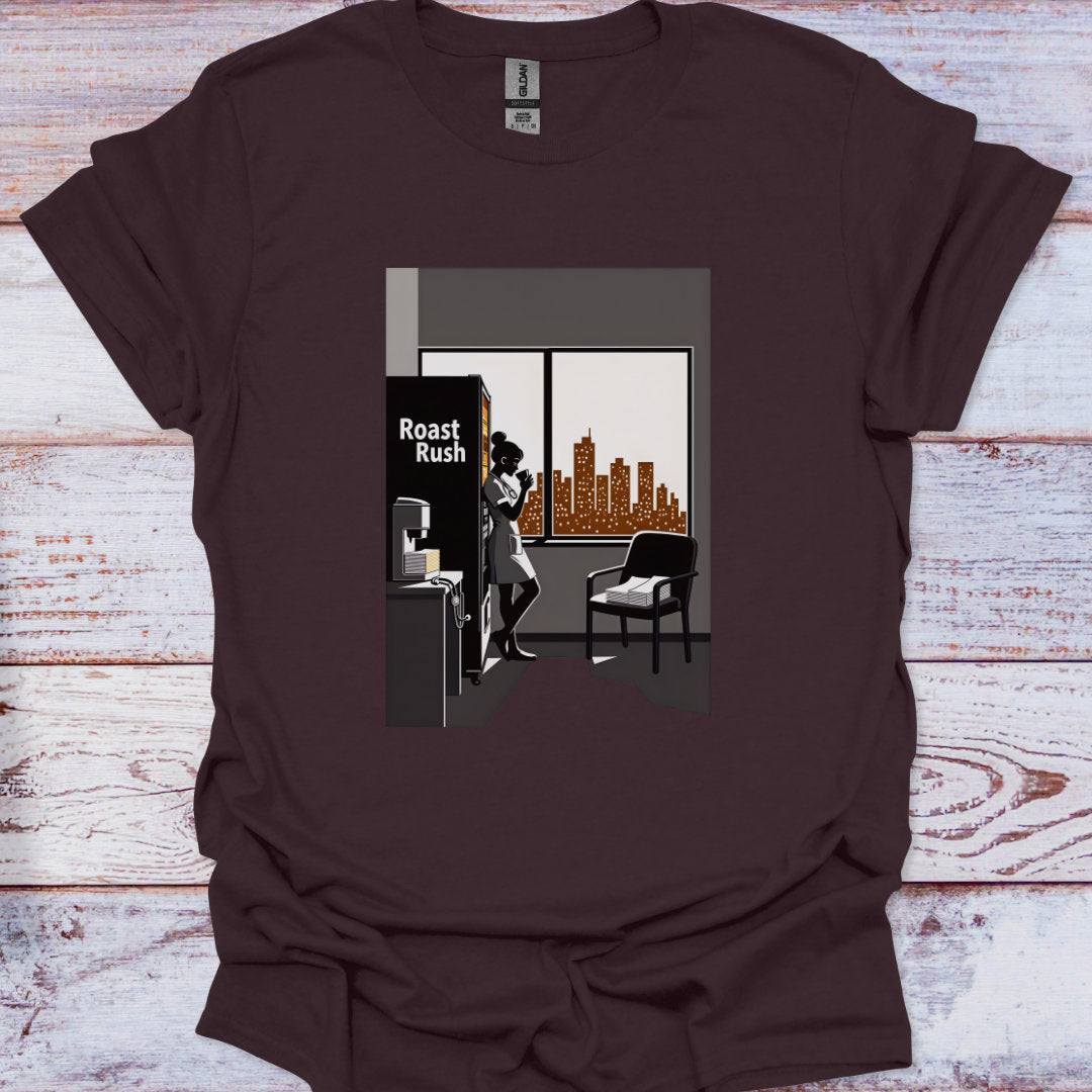 Brown t-shirt with graphic design of a woman in a room with a cityscape view.