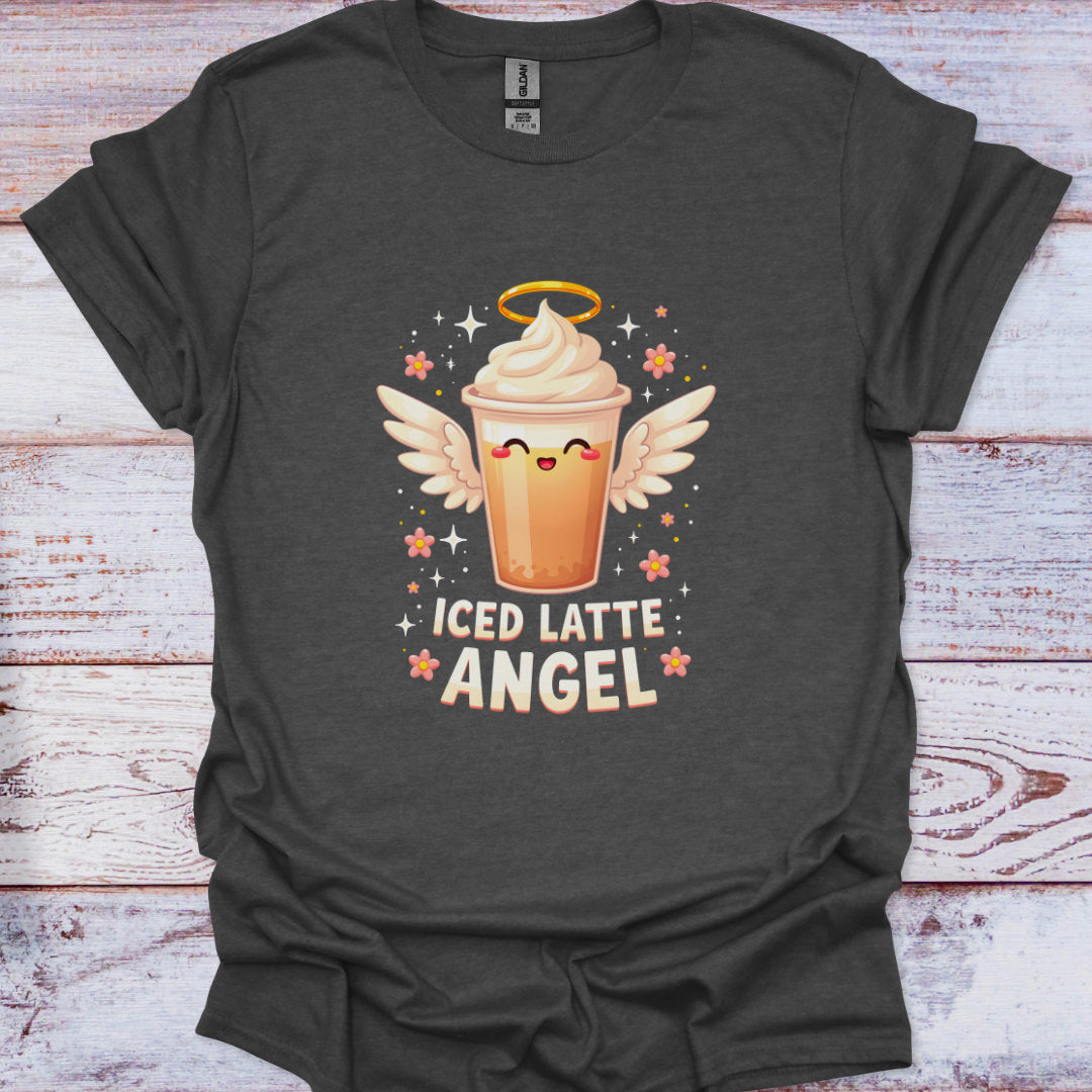 Dark gray t-shirt with 'Iced Latte Angel' graphic design on a wooden surface