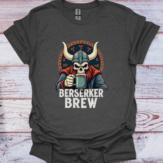 Dark gray t-shirt with a graphic of a skull in a viking helmet holding a mug, labeled 'Berserker Brew', on a wooden surface.