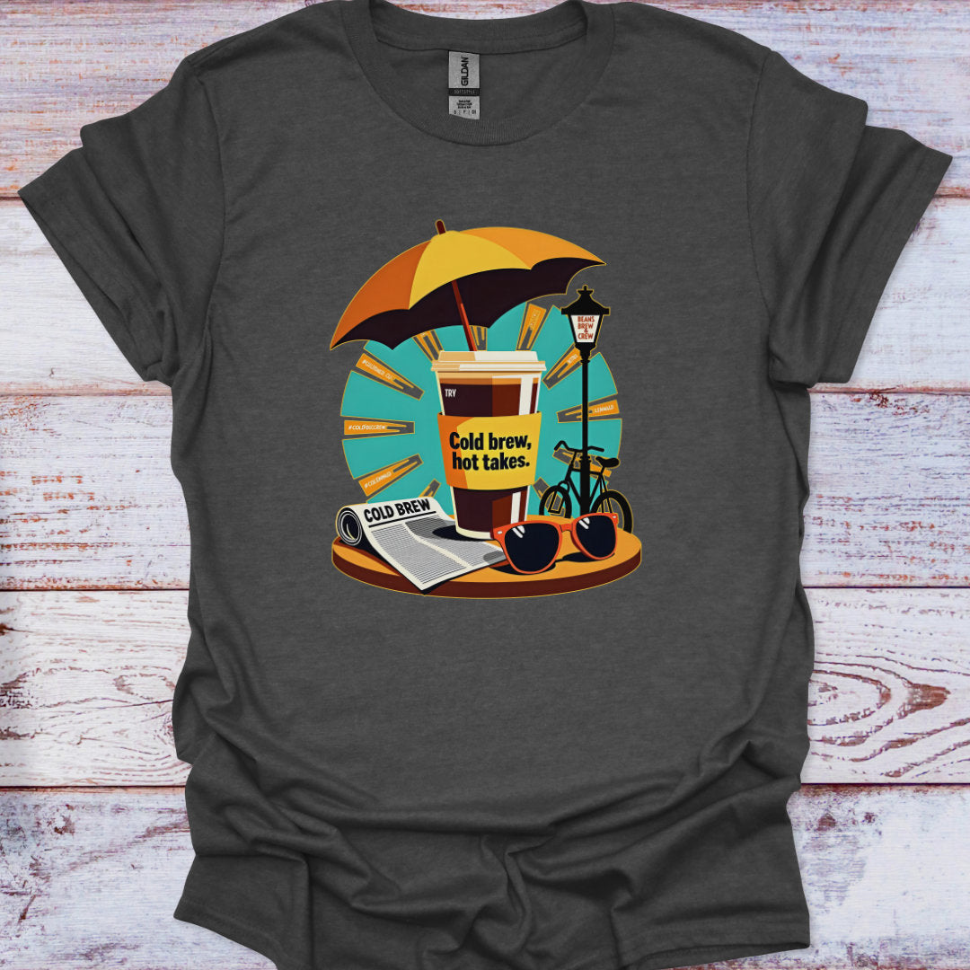 Dark gray t-shirt with a graphic of a coffee cup, umbrella, and bicycle on a wooden surface