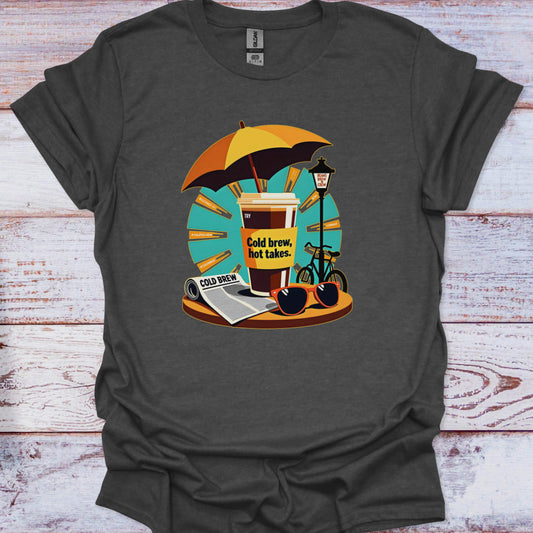 Dark gray t-shirt with a graphic of a coffee cup, umbrella, and bicycle on a wooden surface