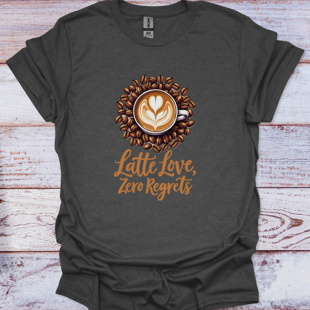 Dark gray t-shirt with a coffee-themed graphic and 'Latte Love, Zero Regrets' text on a wooden surface.