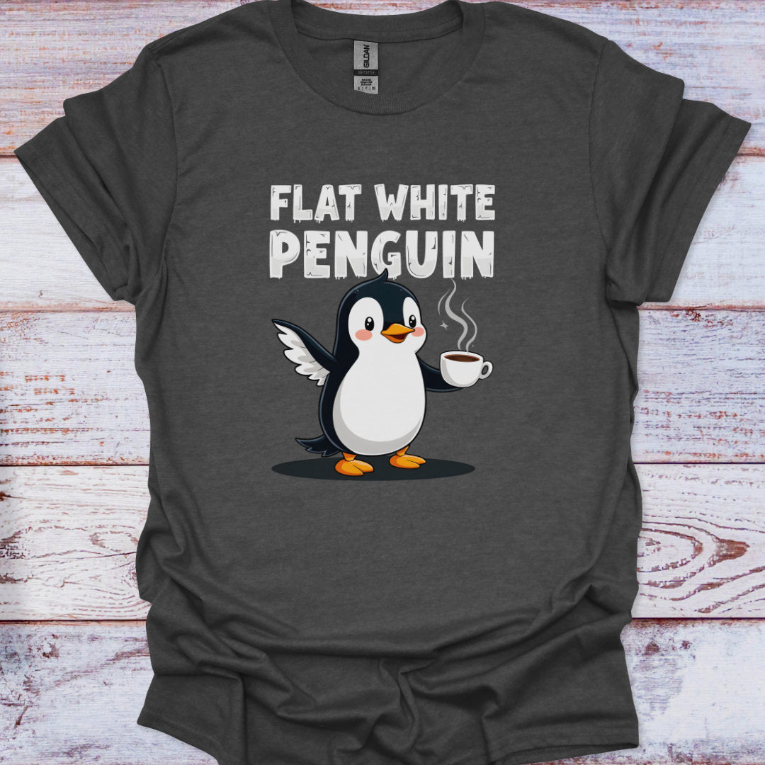 Dark gray t-shirt with a penguin holding a coffee cup and 'Flat White Penguin' text on a wooden surface.