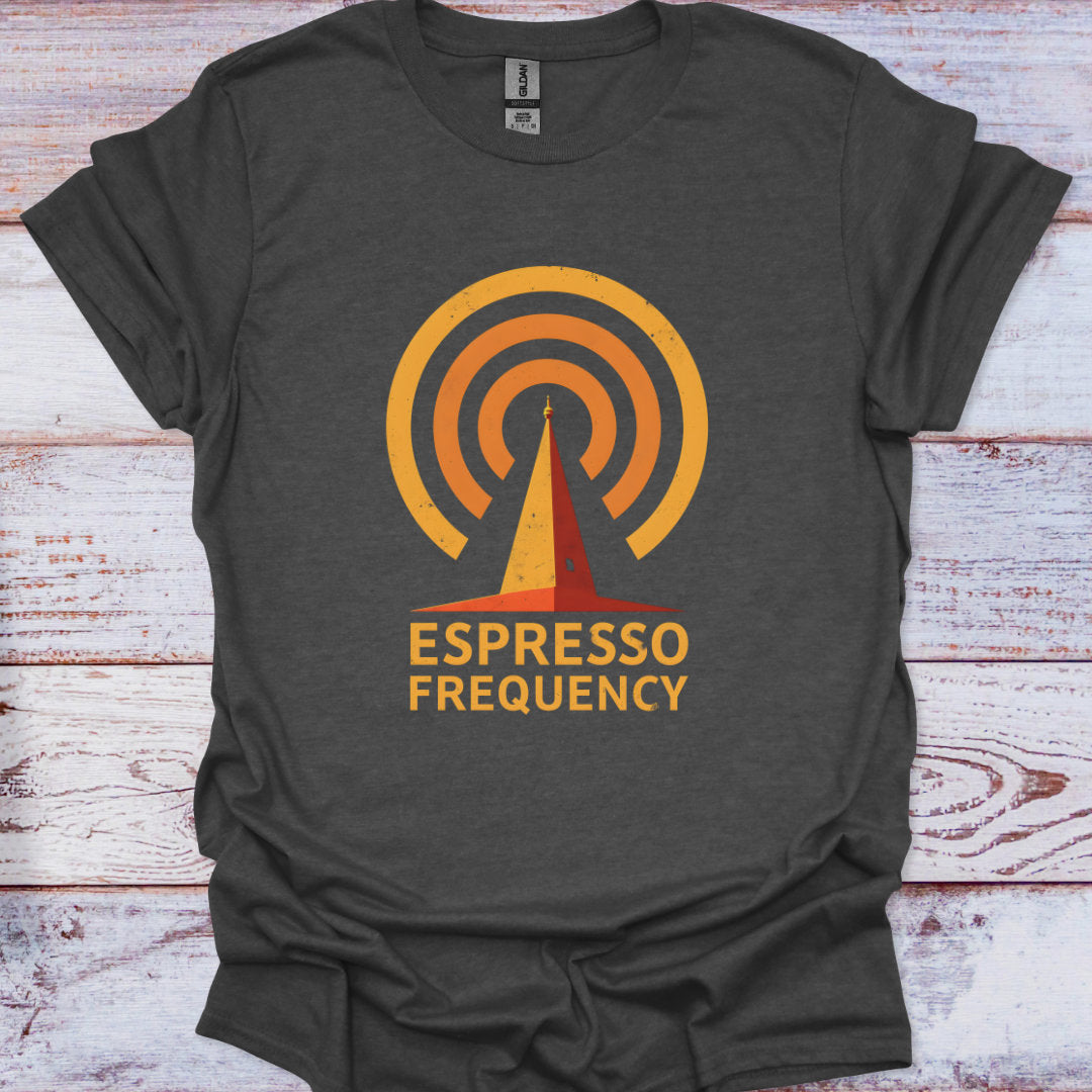 Dark gray t-shirt with 'Espresso Frequency' logo on a wooden surface
