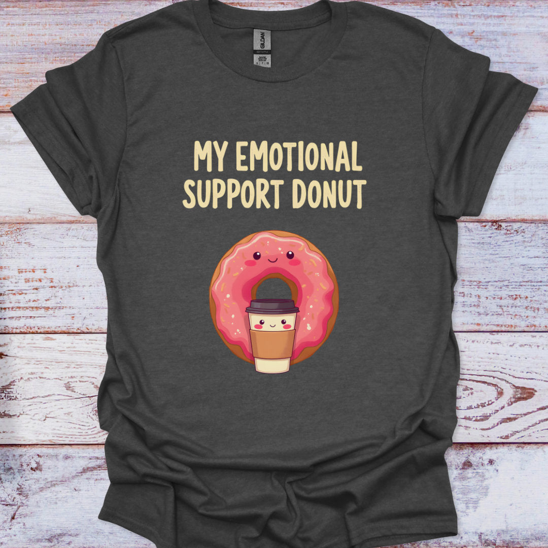Dark gray t-shirt with a cartoon donut holding a coffee cup and text 'My Emotional Support Donut' on a wooden surface.