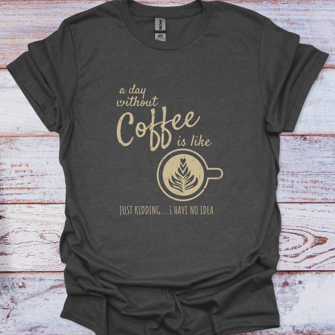 Dark gray t-shirt with coffee-themed graphic and text on a wooden surface