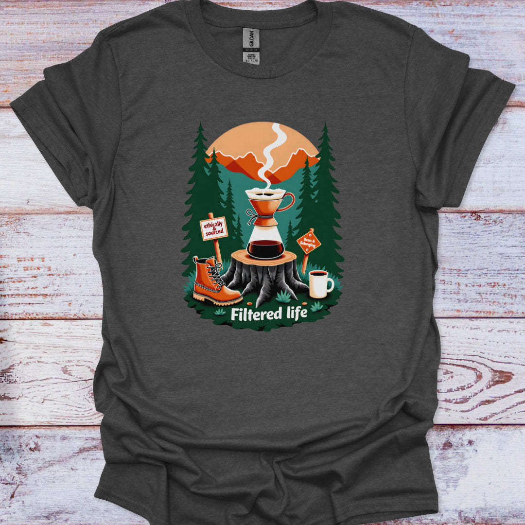 Dark gray t-shirt with a coffee-themed graphic on a wooden surface