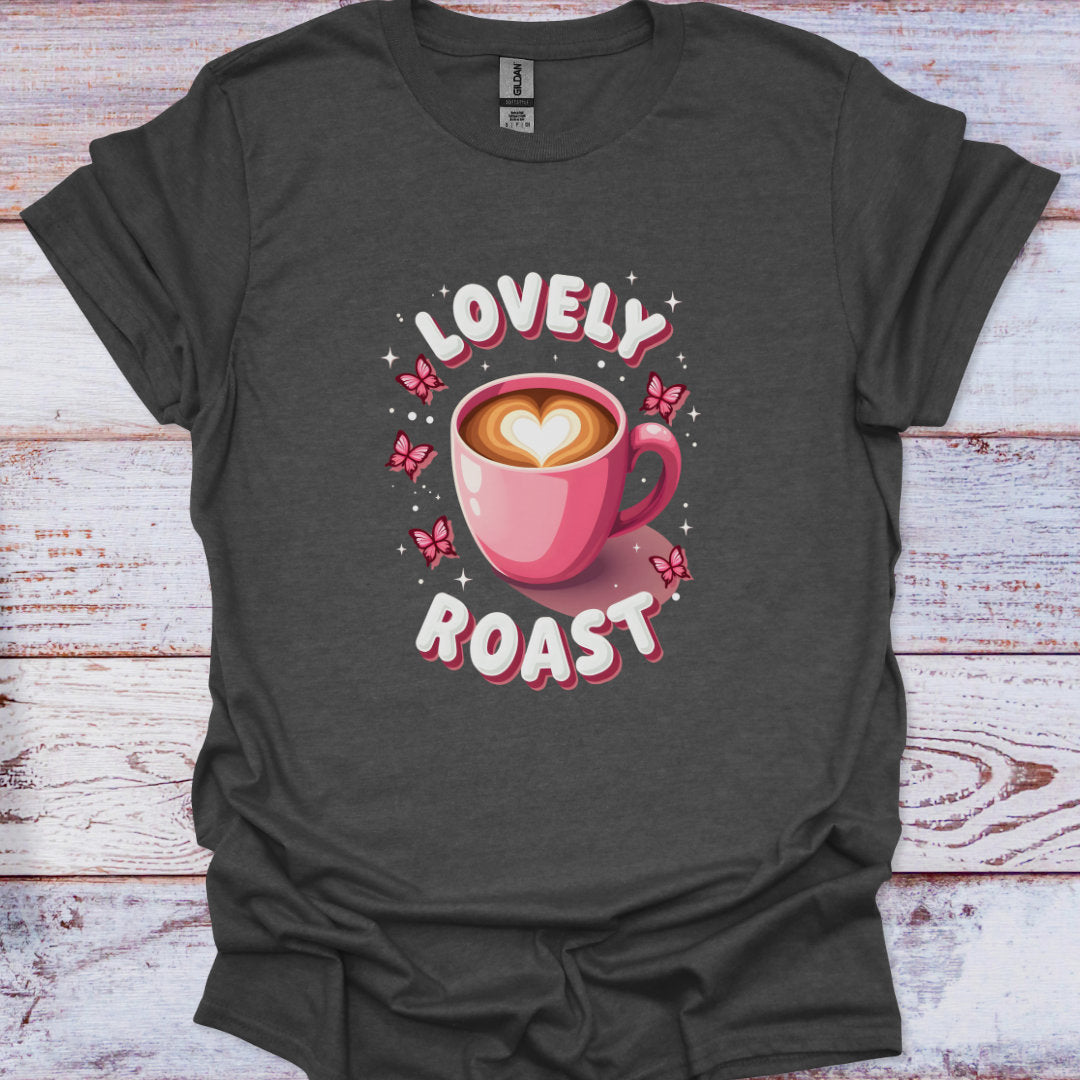 Dark gray t-shirt with a pink coffee cup graphic and 'Lovely Roast' text on a wooden surface.