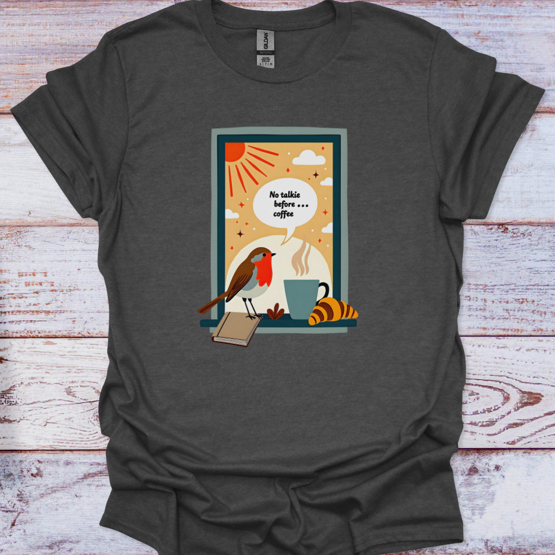 Dark gray t-shirt with a colorful graphic design on a wooden surface