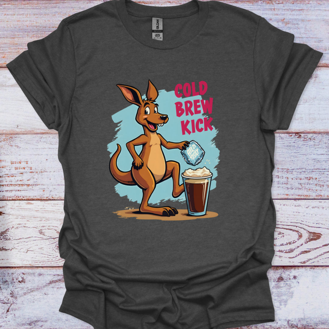 Gray t-shirt with a cartoon kangaroo holding a coffee cup and ice cubes on a wooden surface.