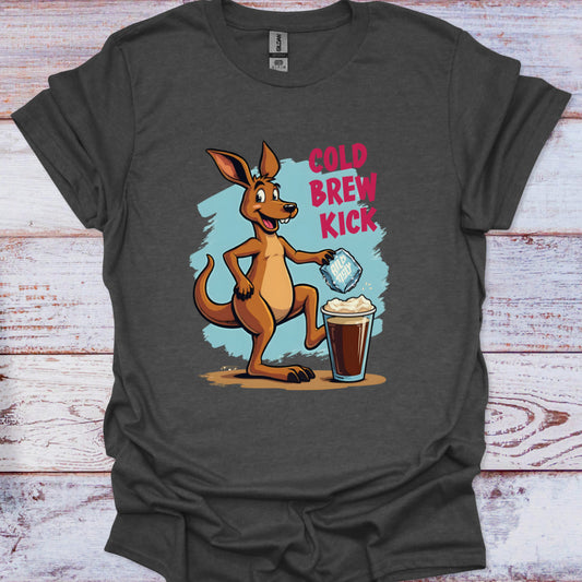 Gray t-shirt with a cartoon kangaroo holding a coffee cup and ice cubes on a wooden surface.