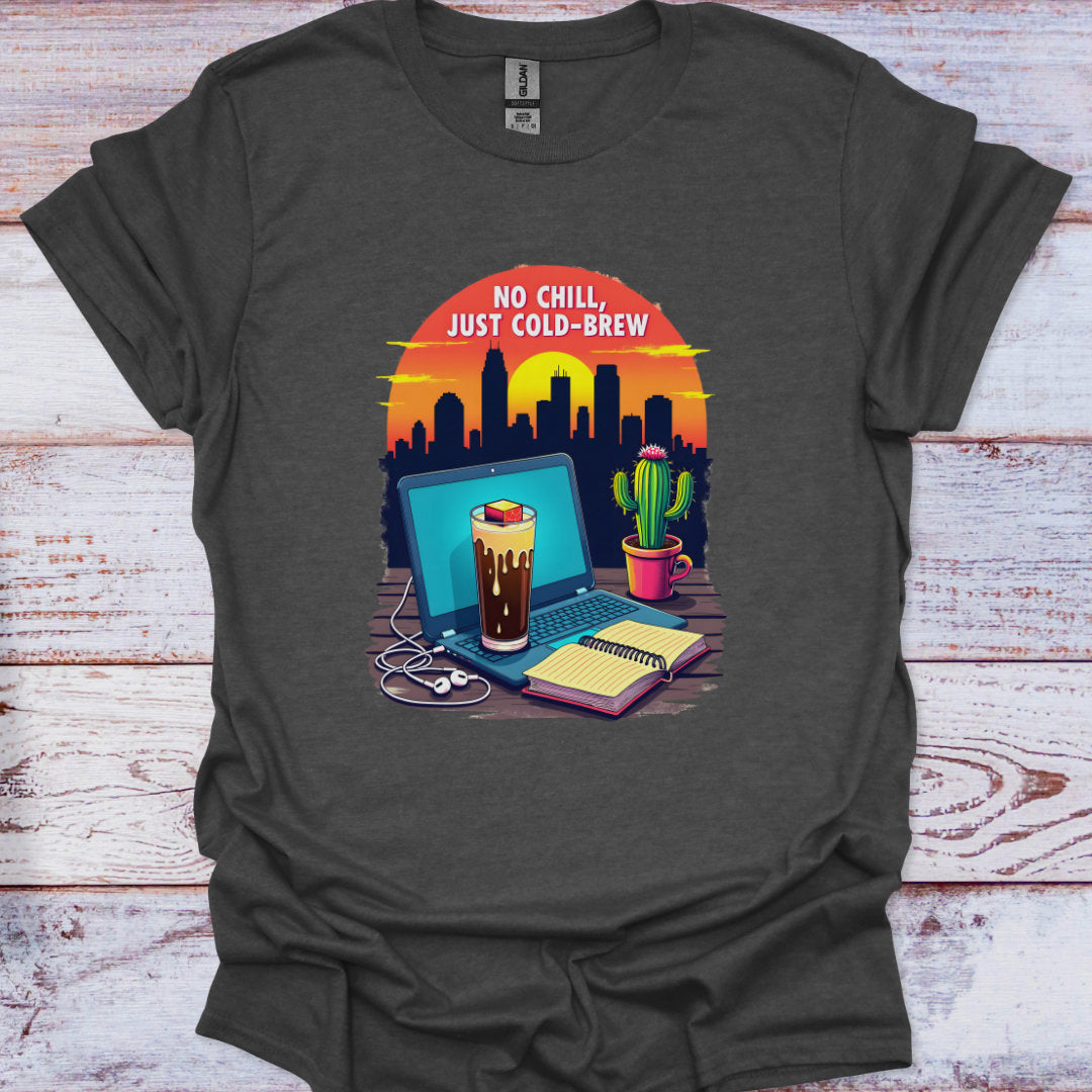 Dark gray t-shirt with a graphic of a laptop, cactus, and coffee cup on a wooden surface.