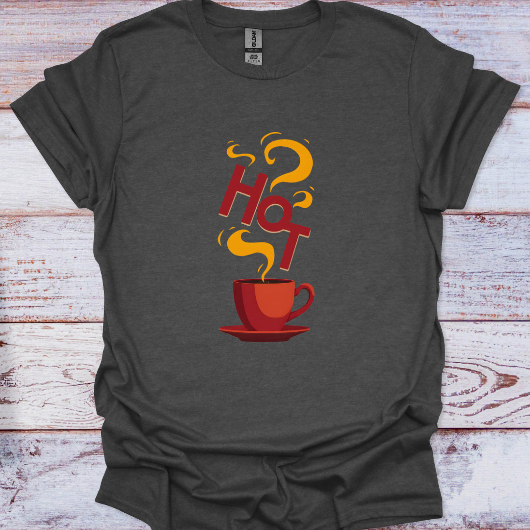 Dark gray t-shirt with a red coffee cup and 'Hot' text design on a wooden surface