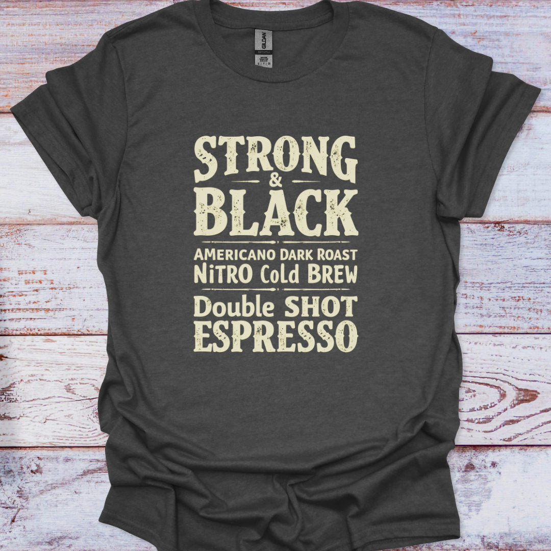 Dark gray t-shirt with white text listing coffee terms on a wooden surface