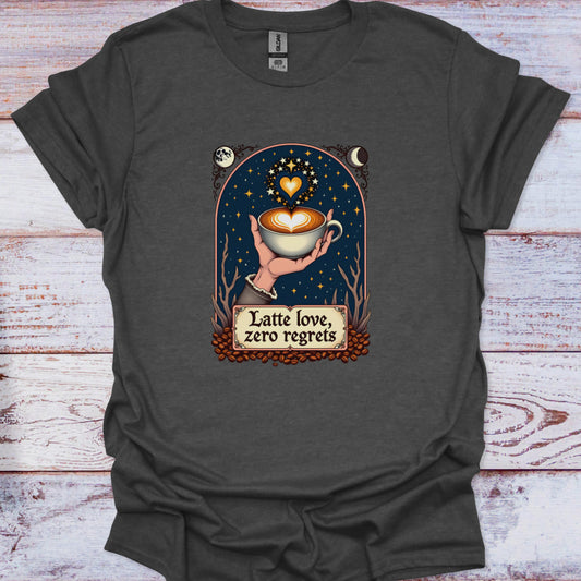 Dark gray t-shirt with a graphic of a hand holding a coffee cup and text 'Latte love, zero regrets' on a wooden surface.