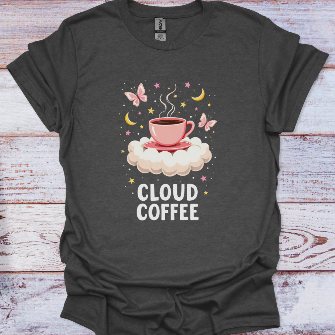 Dark gray t-shirt with 'Cloud Coffee' design featuring a pink cup on a cloud, butterflies, and stars on a wooden surface.