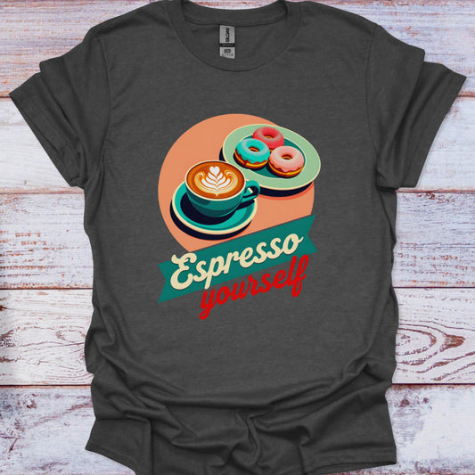 Dark gray t-shirt with a colorful graphic of coffee and donuts and the text 'Espresso yourself' on a wooden surface.