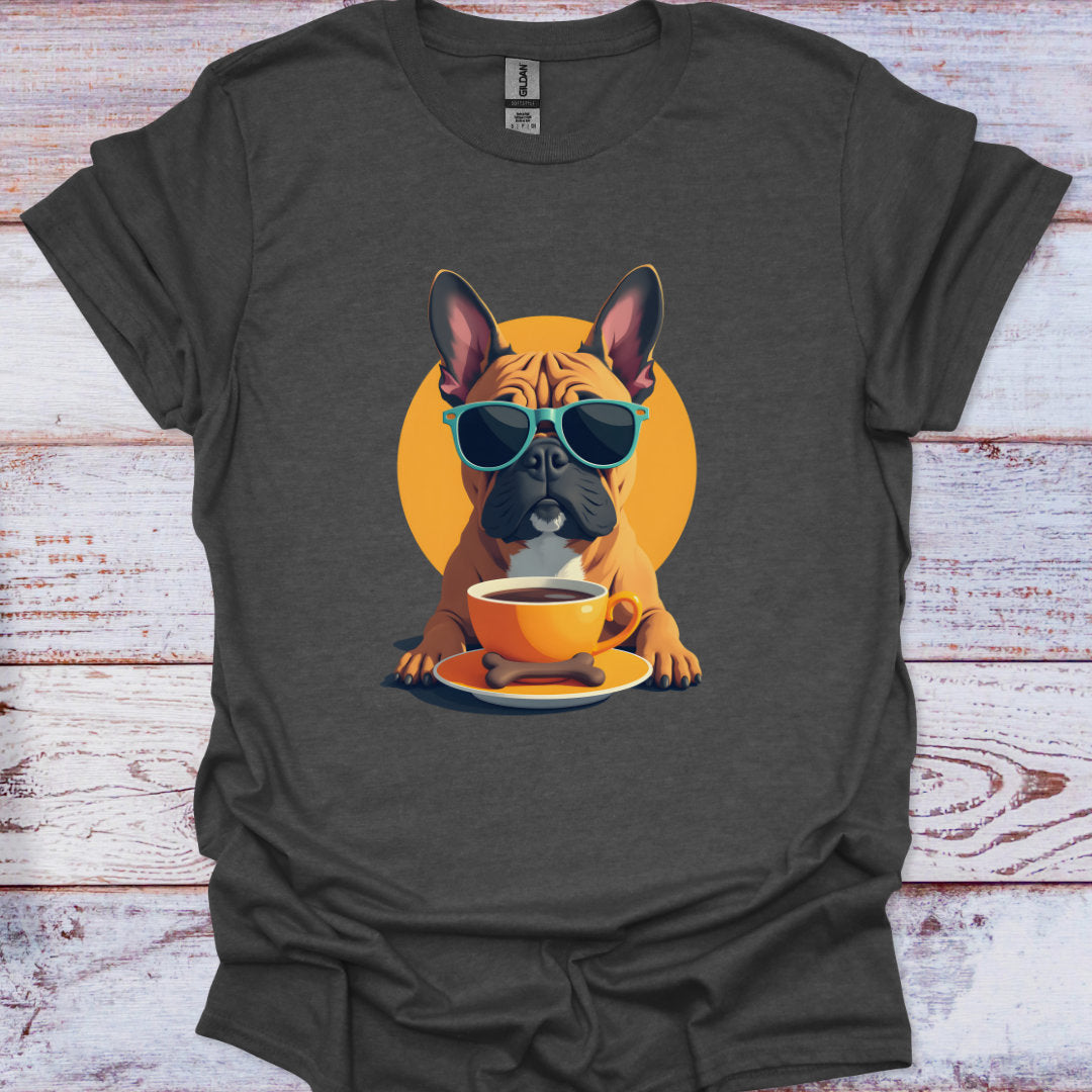 Dark gray t-shirt with a graphic of a dog wearing sunglasses and drinking coffee on a wooden surface.
