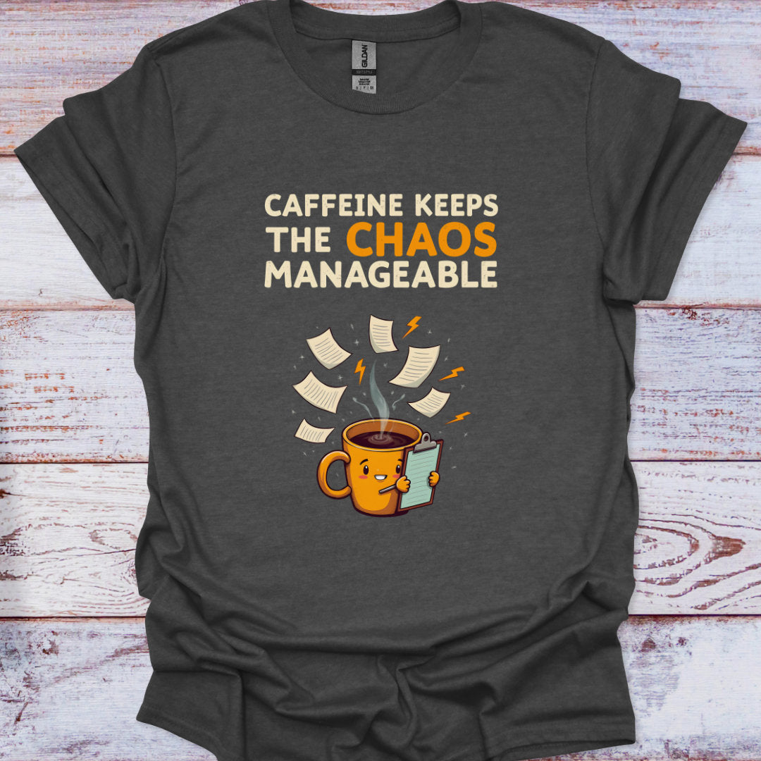 Dark gray t-shirt with a coffee cup graphic and text on a wooden surface