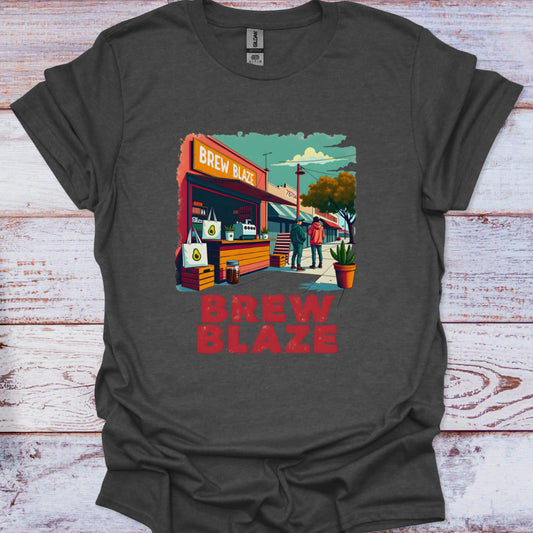Dark gray t-shirt with 'Brew Blaze' graphic design on a wooden surface