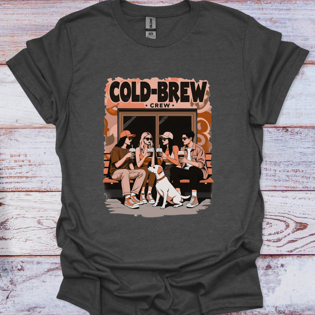 Dark gray t-shirt with 'Cold-Brew Crew' graphic on a wooden surface