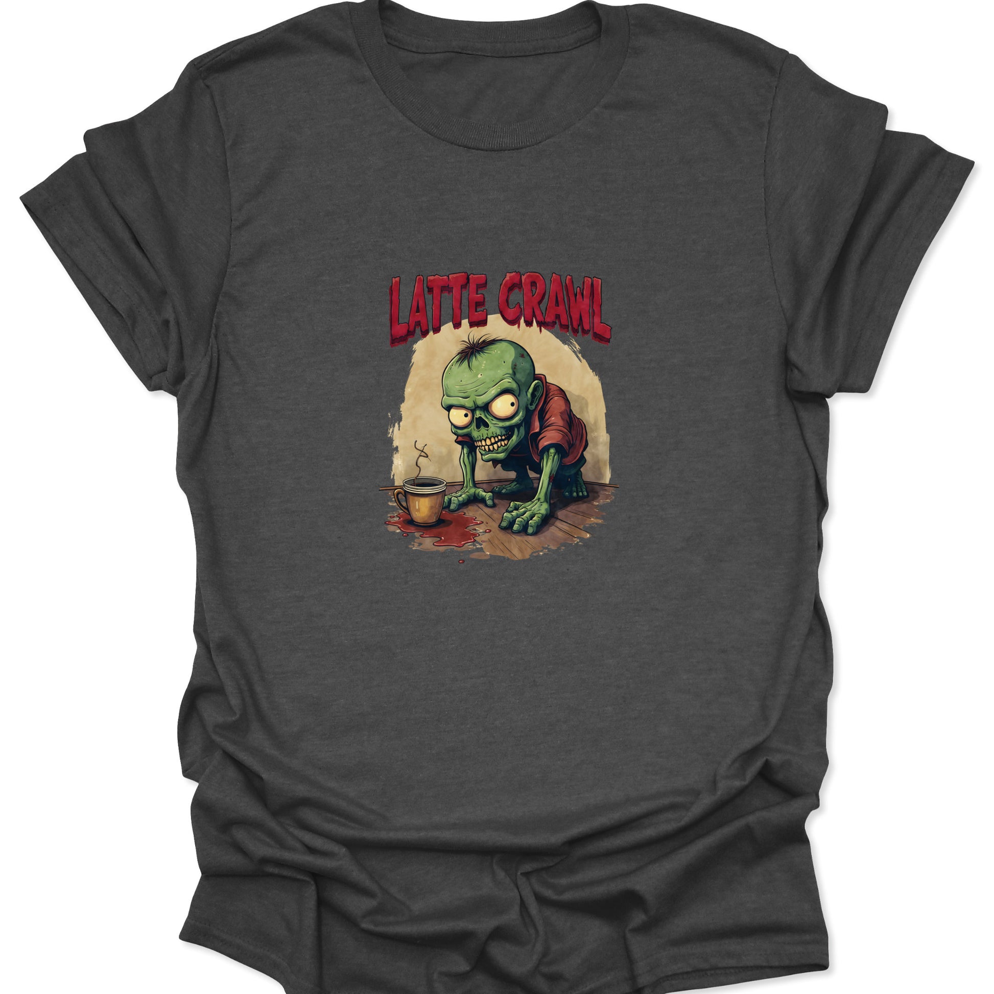Vintage-style horror illustration of a zombie creature needing coffee. Graphic tee featuring "LATTE CRAWL" text and gore elements on a dark gray fabric.