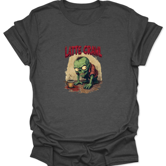 Vintage-style horror illustration of a zombie creature needing coffee. Graphic tee featuring "LATTE CRAWL" text and gore elements on a dark gray fabric.