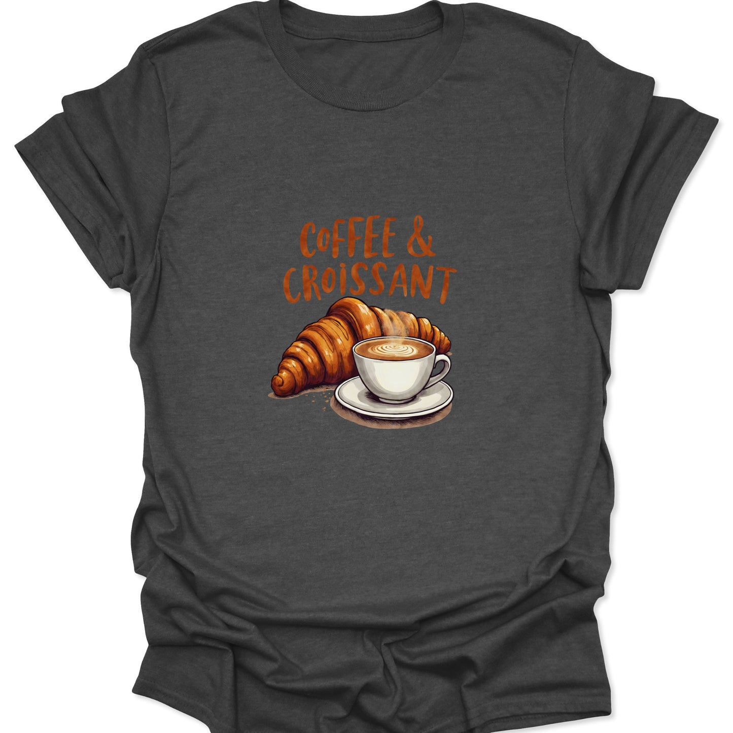 Heather gray shirt displaying a graphic of a steaming espresso and a perfect butter croissant, celebrating the quintessential French breakfast. Witty food culture apparel.