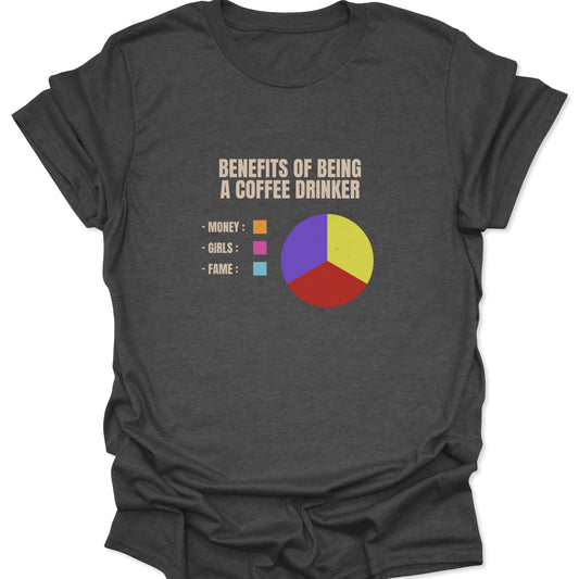 A dark heather gray shirt with a minimalist graphic design depicting a funny coffee-themed chart and vintage typography.