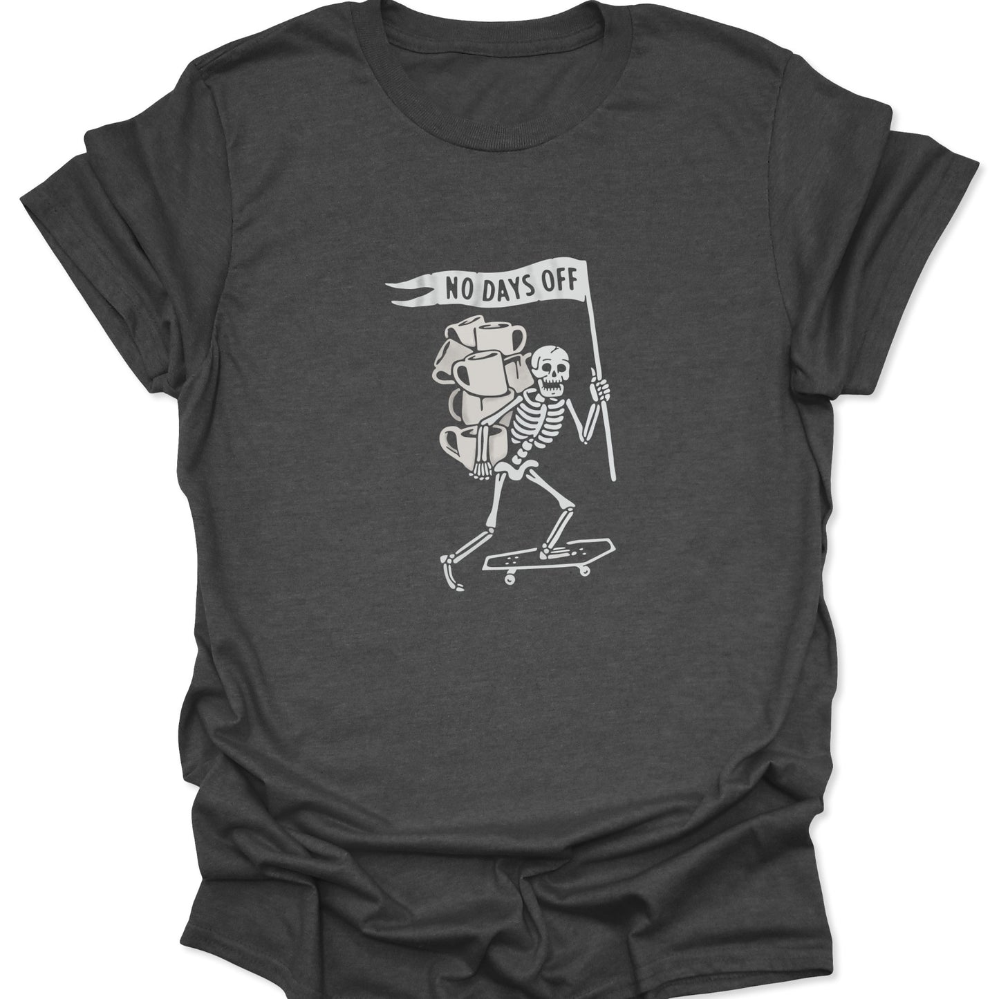 Dark heather gray graphic t-shirt showing a skating skeleton balancing multiple coffee mugs and a flag.