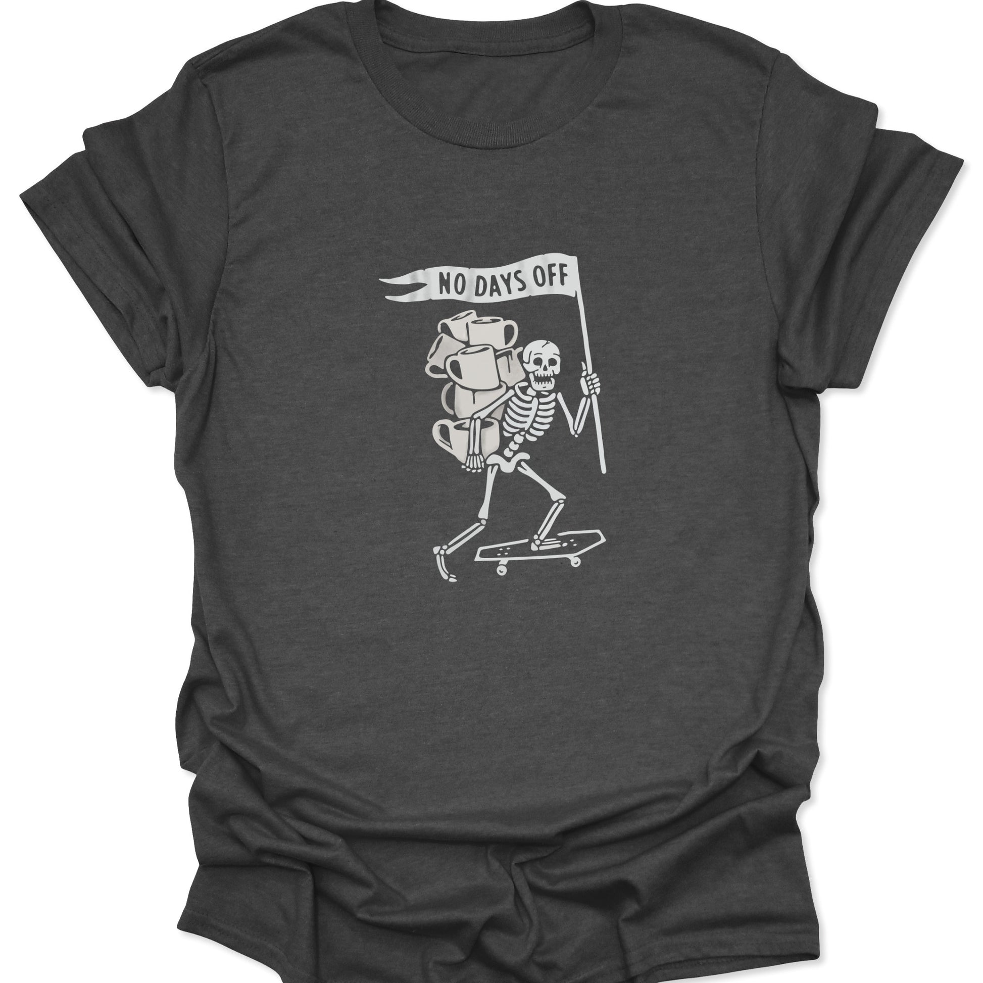 Dark heather gray graphic t-shirt showing a skating skeleton balancing multiple coffee mugs and a flag.