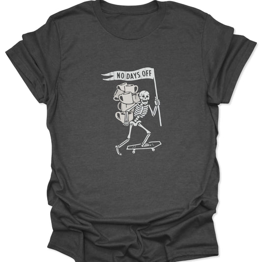 Dark heather gray graphic t-shirt showing a skating skeleton balancing multiple coffee mugs and a flag.