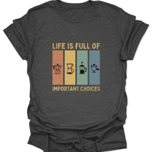 Dark heather gray graphic t-shirt with a vintage-style coffee brewing decision chart and weathered typography.