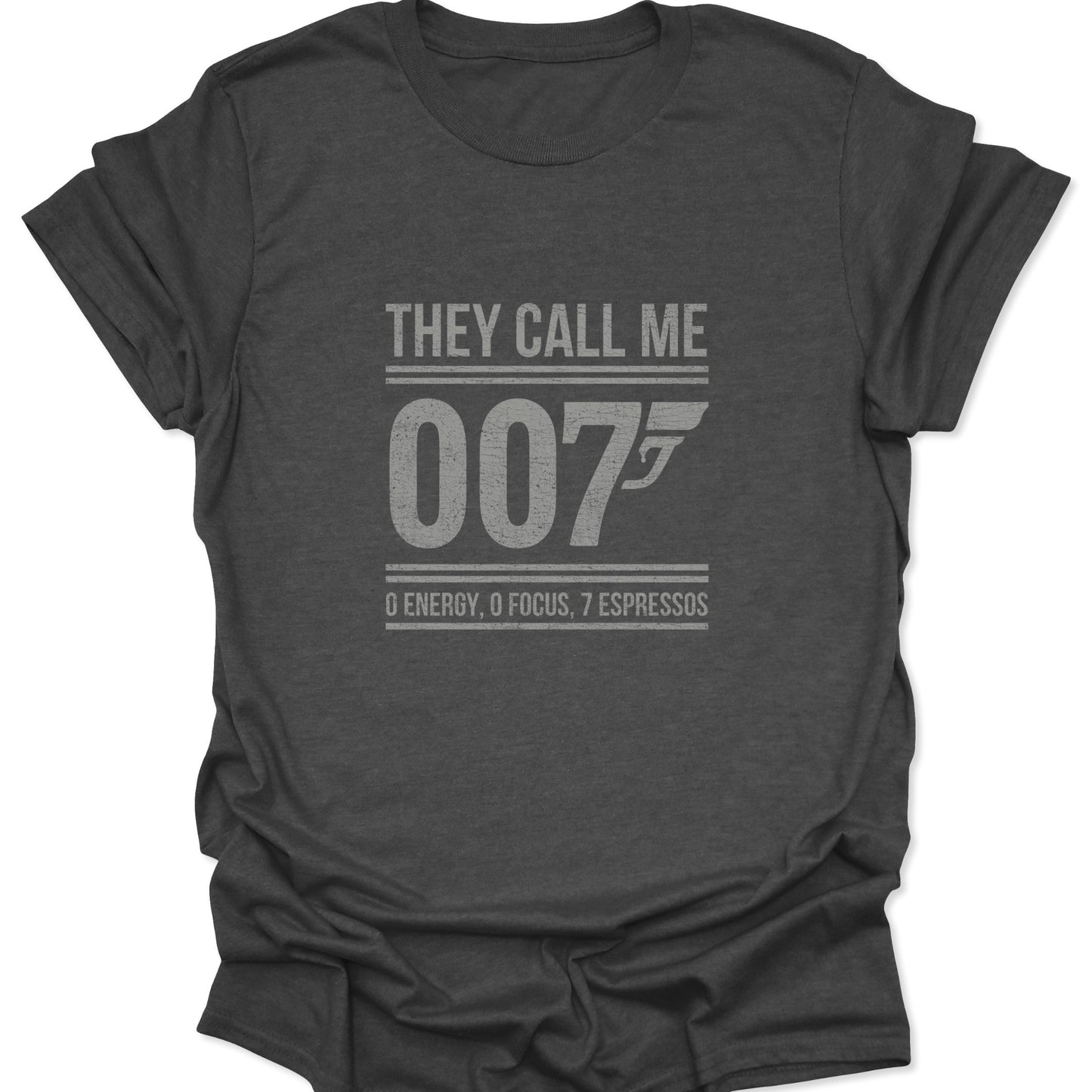 Weathered 007 espresso-themed text design on a textured dark heather gray short-sleeve shirt.