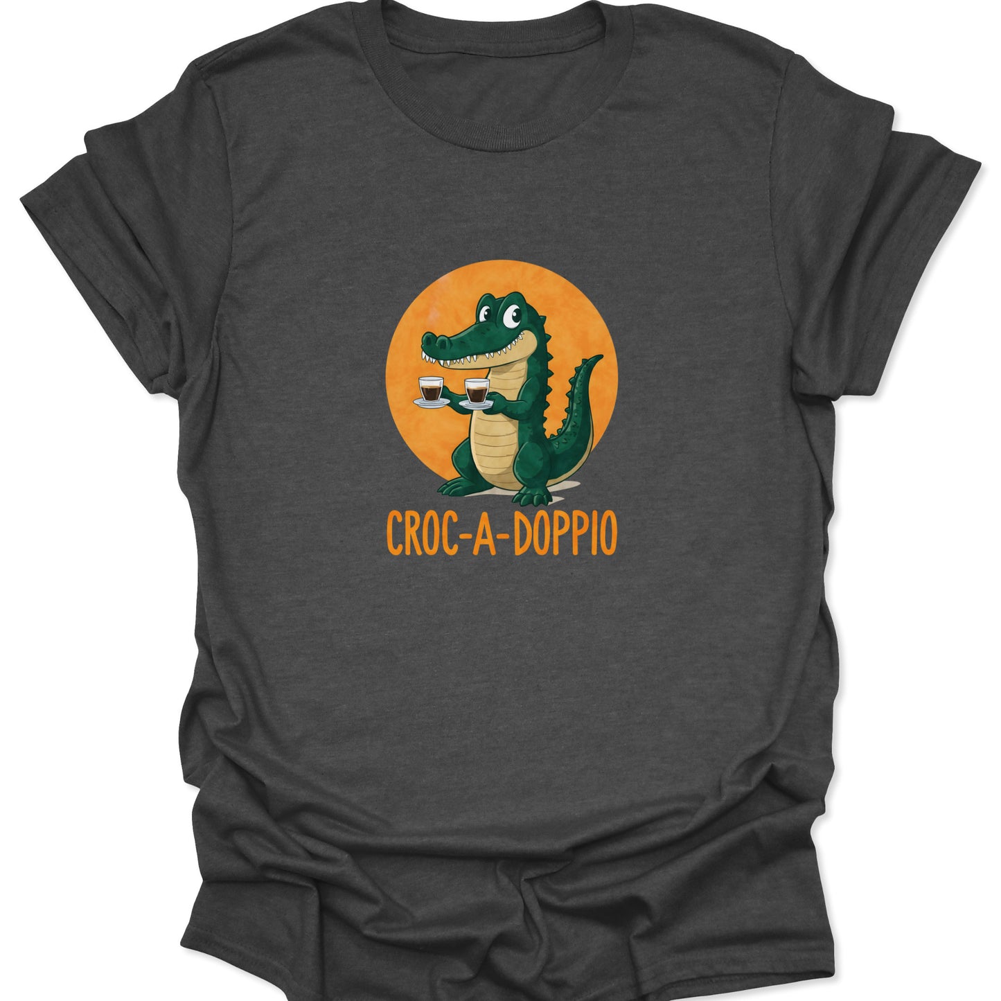 Dark gray graphic tee with funny caffeine-themed alligator design and "CROC-A-DOPPIO" text.