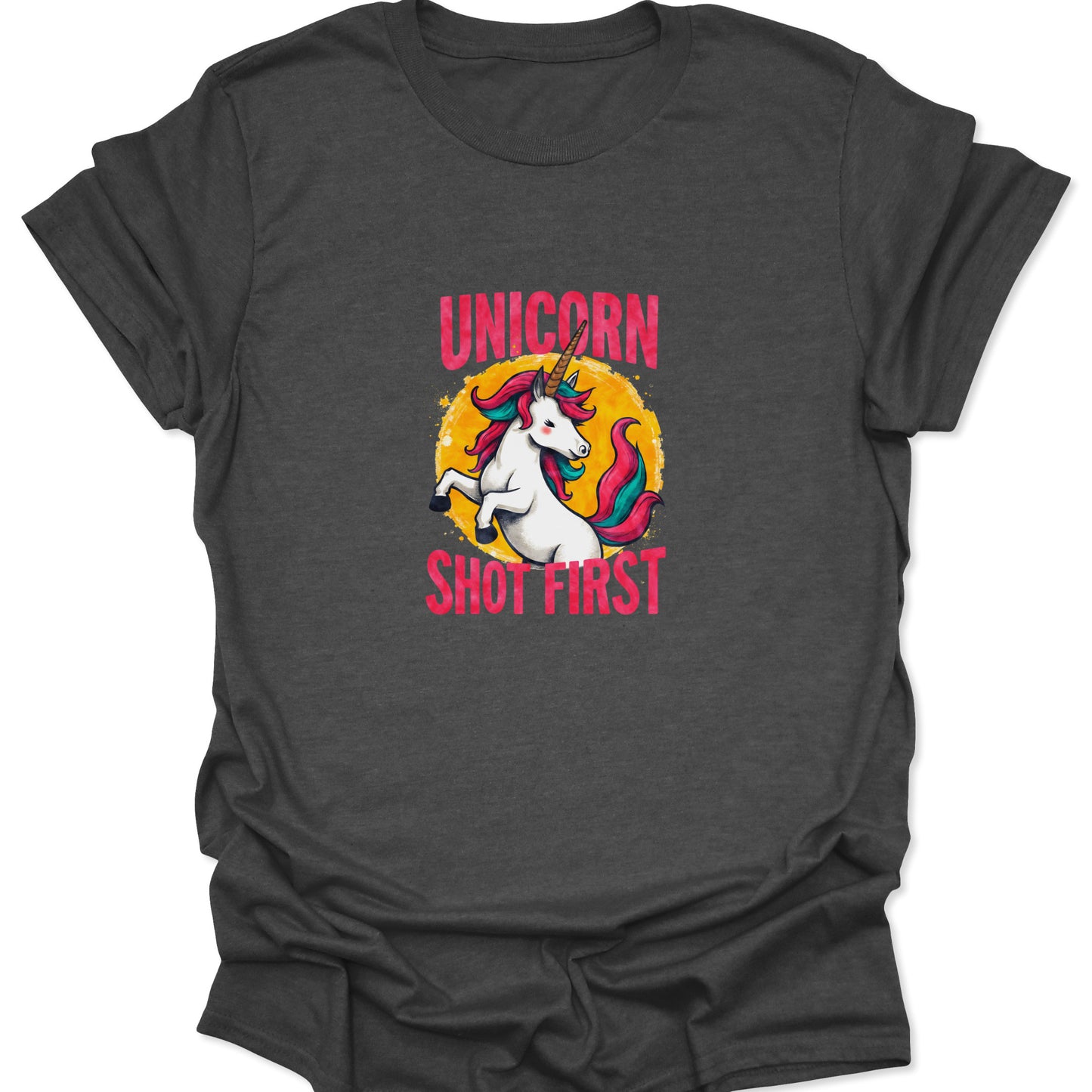 Heather gray shirt with aggressive sarcasm fantasy graphic; a unicorn, sun, and the phrase "Unicorn Shot First" in bold pink text.