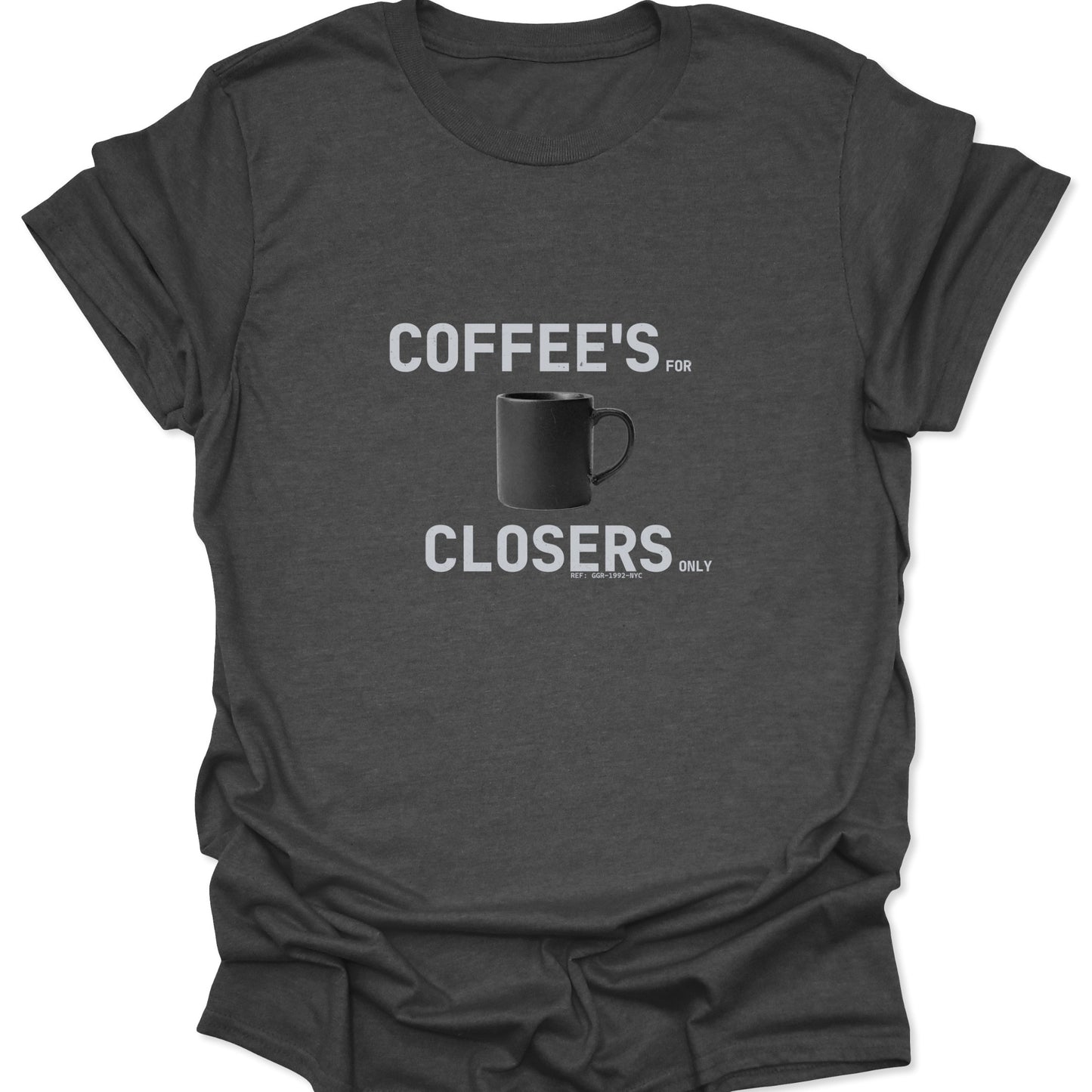 Dark heather gray graphic t-shirt with a high-contrast design featuring a black mug and professional sales-culture typography.