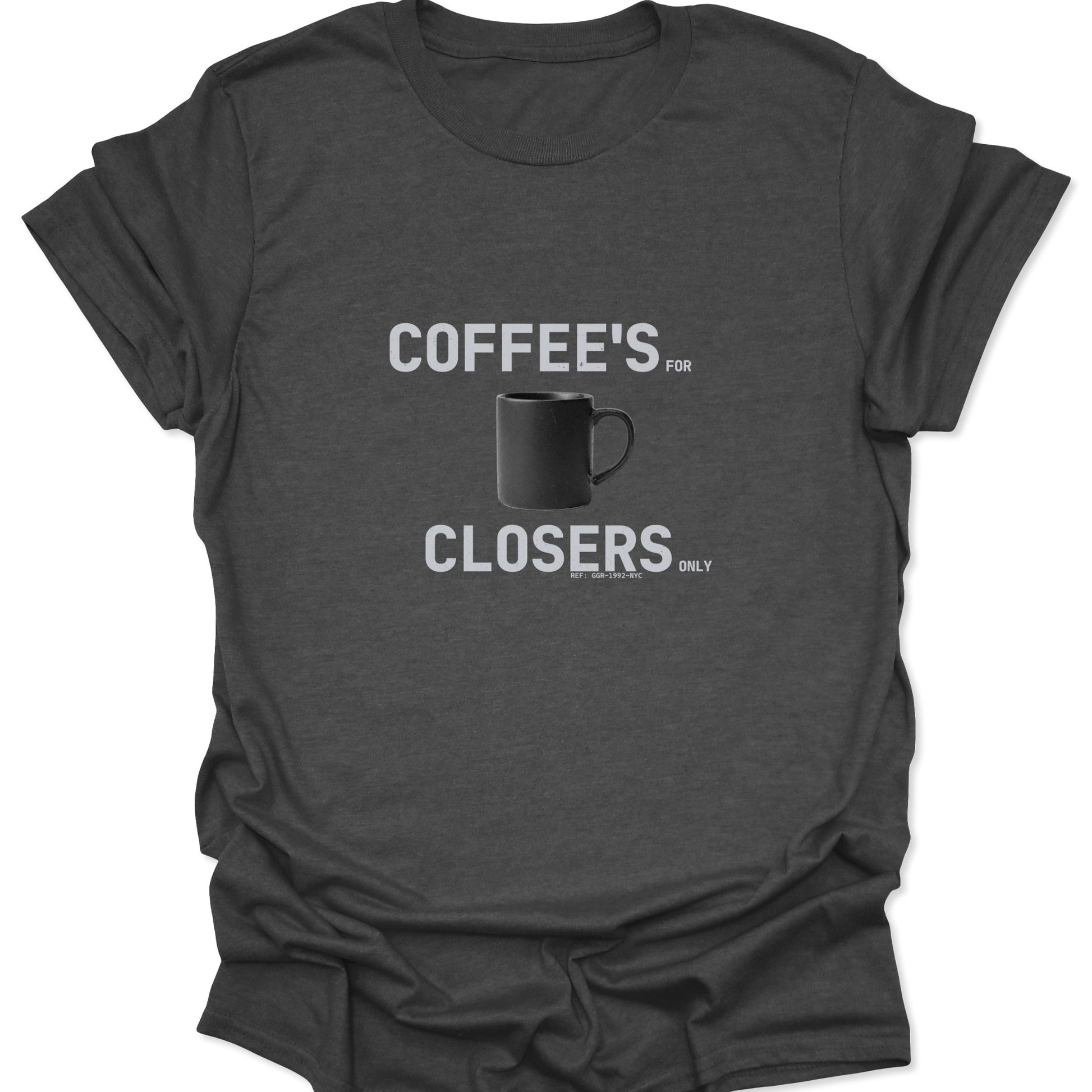 Dark heather gray graphic t-shirt with a high-contrast design featuring a black mug and professional sales-culture typography.