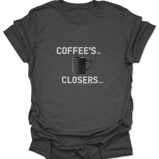 Dark heather gray graphic t-shirt with a high-contrast design featuring a black mug and professional sales-culture typography.