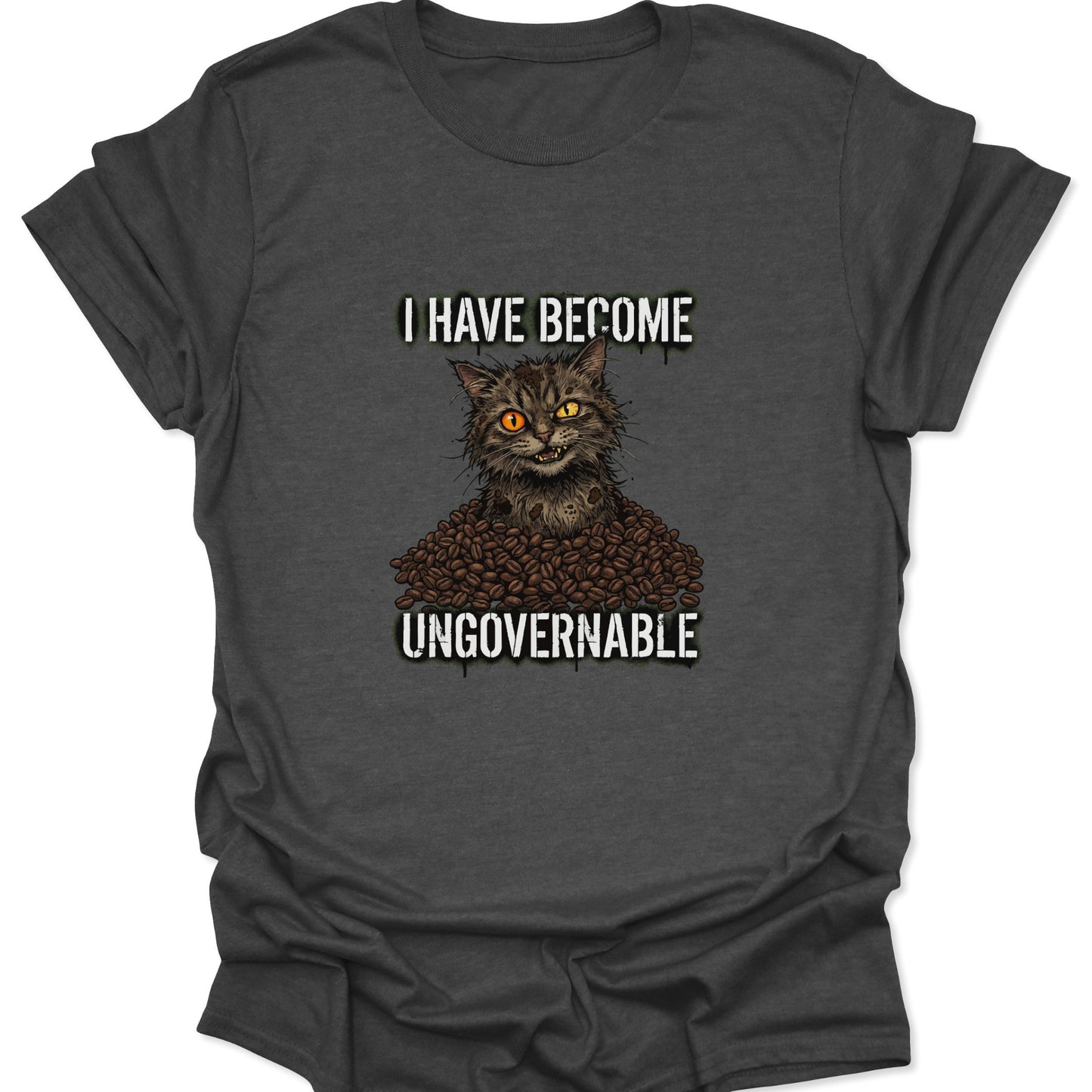 A gritty illustration of a wired cat in a mountain of coffee beans with bold white text, displayed on a textured dark heather gray fabric.