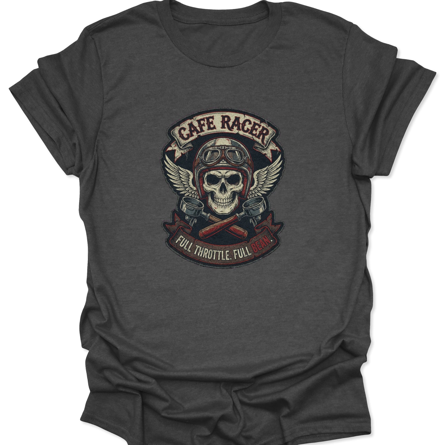 Distressed retro "Cafe Racer" design with espresso handles and a skull motif centered on a dark heather gray shirt.