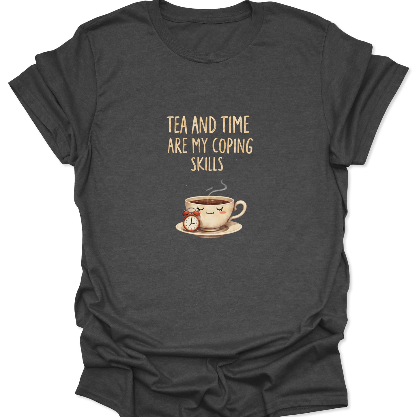 Dark Heather Gray shirt showing vintage style alarm clock and happy tea cup coping skills graphic.