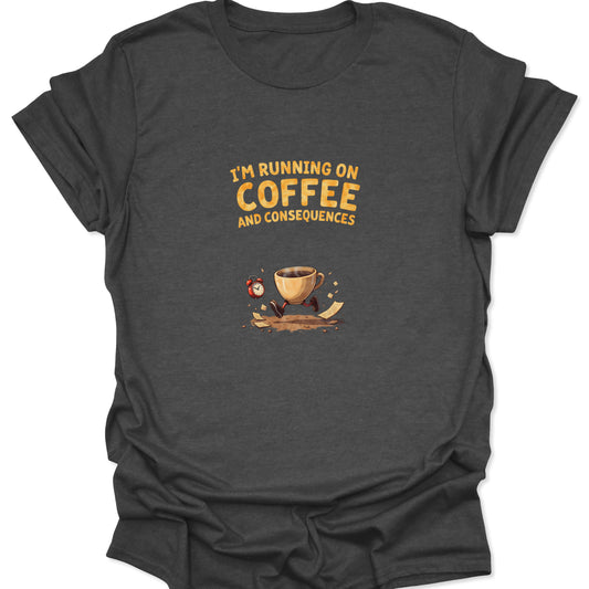 Dark Heather Gray tee showing a chaotic running coffee cup holding a clock with flying papers and humorous text.
