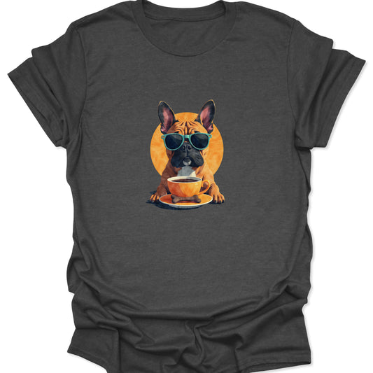 Heather Gray graphic t-shirt with a moody French Bulldog wearing sunglasses and a cup of coffee; pet and caffeine lover aesthetic.