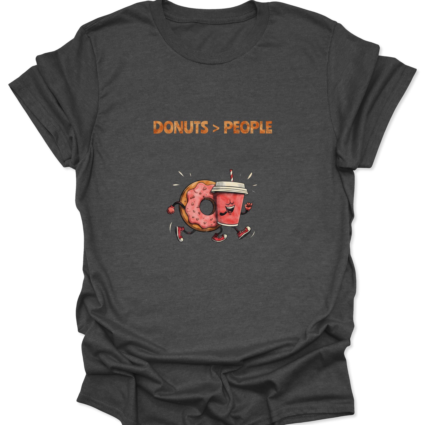 Funny anthropomorphic donut character wearing sneakers on a dark heather gray graphic tee.