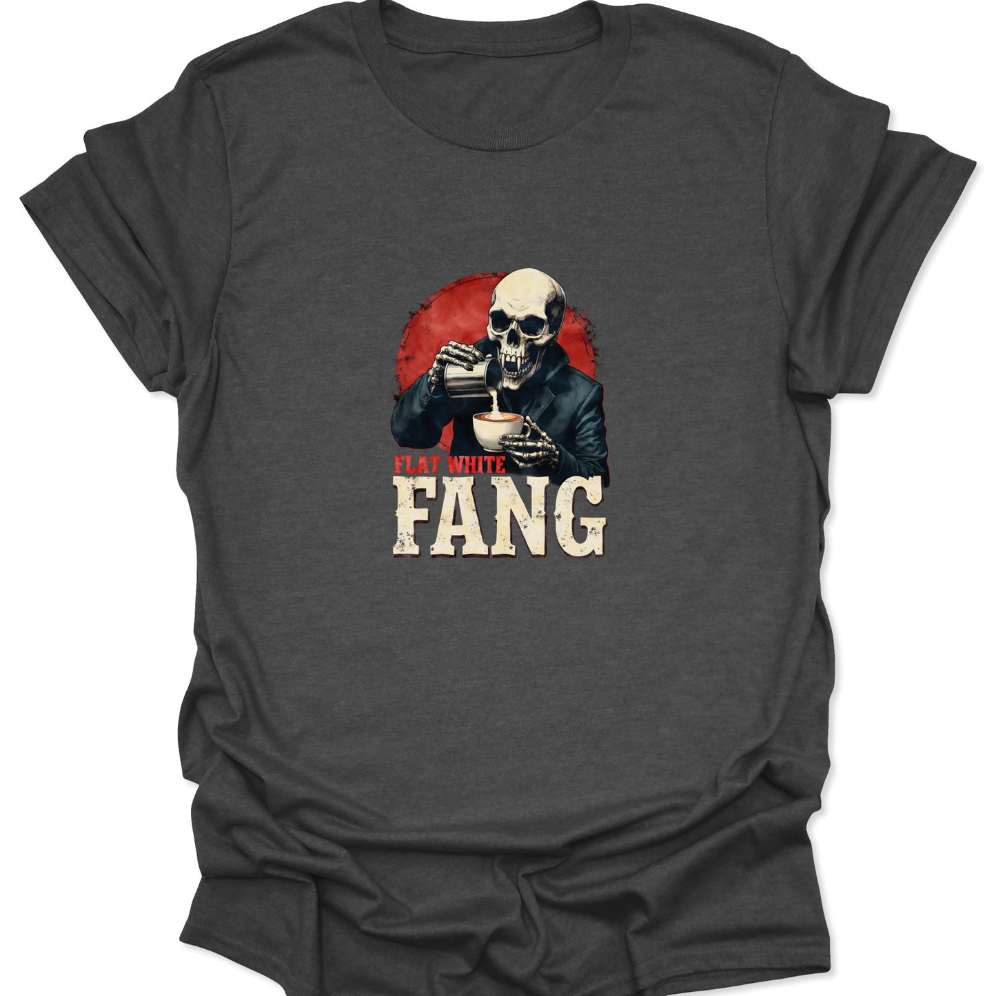 Dark gray shirt with a spooky, undead coffee art design. Skeleton graphic pouring espresso microfoam with "FLAT WHITE FANG" text.