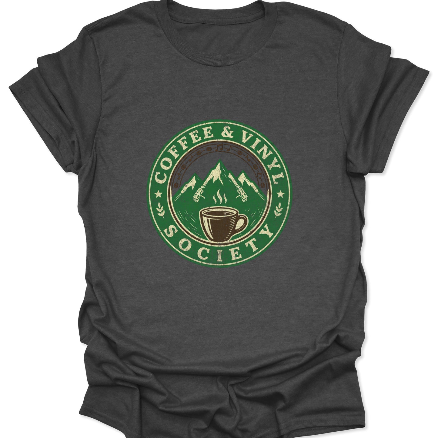 Dark Heather Gray tee showing a grunge-style "Coffee & Vinyl Society" logo with musical notes, coffee beans, and a mountain landscape graphic.