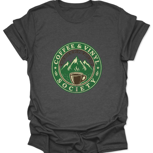 Dark Heather Gray tee showing a grunge-style "Coffee & Vinyl Society" logo with musical notes, coffee beans, and a mountain landscape graphic.