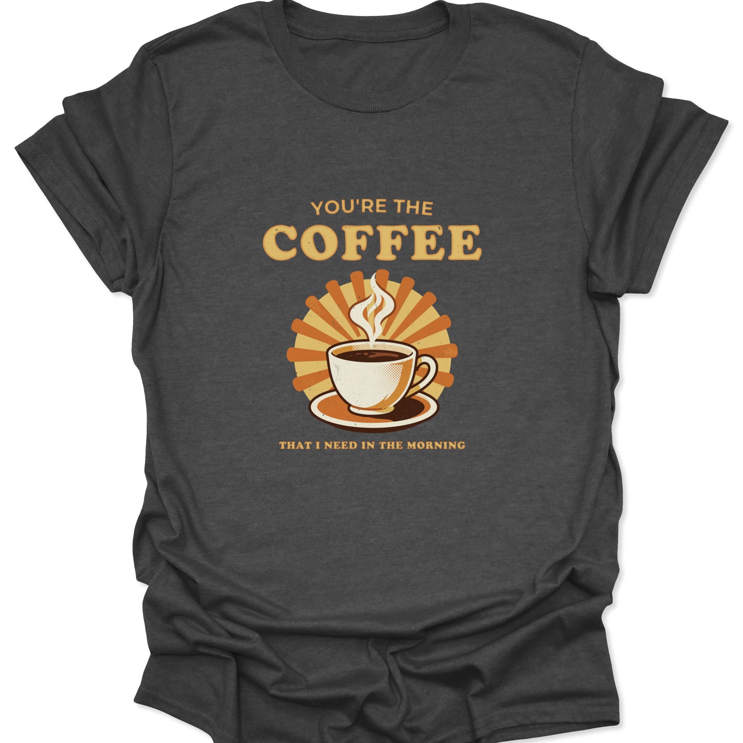 Dark heather gray graphic t-shirt showing a halftone coffee cup design and retro sunburst rays with caffeine-positive text.